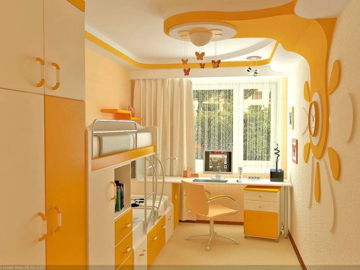 Необычная детская комната в оранжевых и пастельных тонах.
