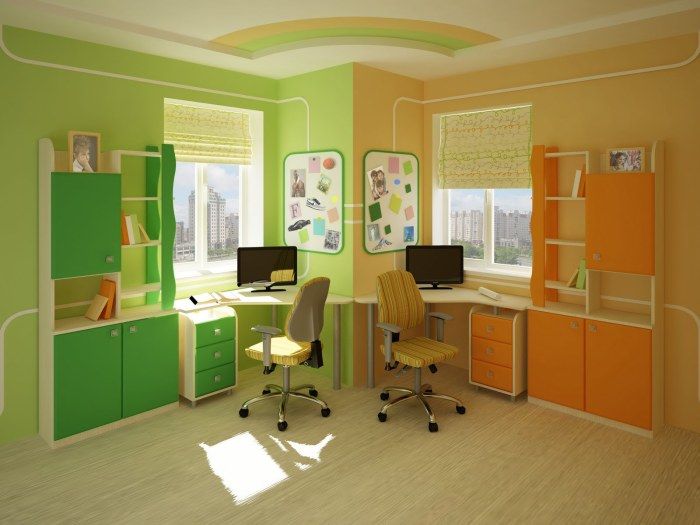 Необычные манипуляции с цветовой гаммой создали визуальное разделение пространства детской комнаты.